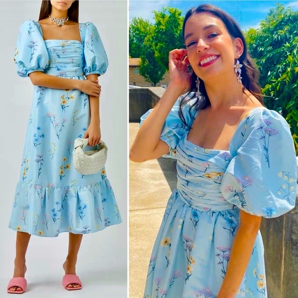 Self-Portrait Watercolour Puff Sleeve Taffeta Blue Floral Midi Maxi Dress 4 S - Picture 12 of 15